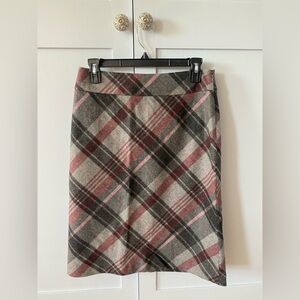 Ann Taylor Plaid Midi Skirt in Pink and Gray